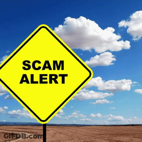 A Yellow Sign That Says Scam Alert In Front Of A Cloudy Sky GIF