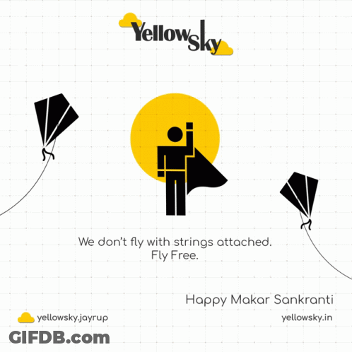 A Yellow Sky Advertisement For Makar Sankranti With A Man Flying A Kite GIF