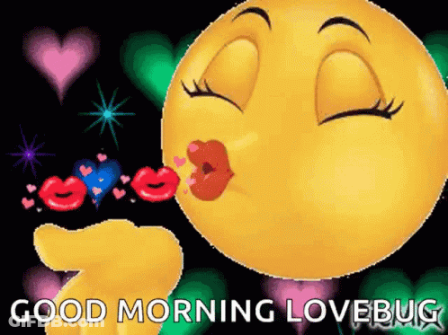 A Yellow Smiley Face Blowing A Kiss With The Words Good Morning Lovebug GIF