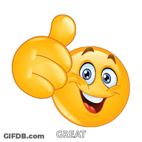 A Yellow Smiley Face Giving A Thumbs Up With The Word Great Below It GIF