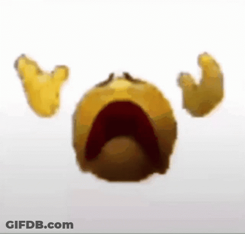 A Yellow Smiley Face Is Crying With Its Mouth Open And A Pair Of Hands Behind It . GIF