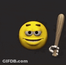 A Yellow Smiley Face Is Holding A Baseball Bat In Its Hand . GIF