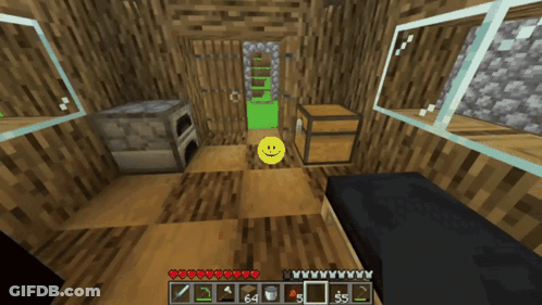 A Yellow Smiley Face Is In A Wooden Room In A Minecraft Game GIF