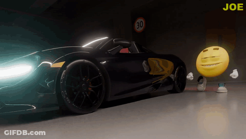 A Yellow Smiley Face Is Standing In Front Of A Black Car With A 30 Sign In The Background GIF