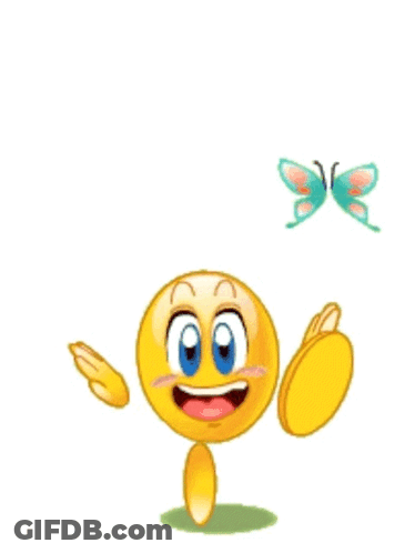 A Yellow Smiley Face Is Standing In Front Of A Blue Butterfly GIF