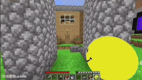 A Yellow Smiley Face Is Standing In Front Of A House In A Video Game Called Minecraft GIF