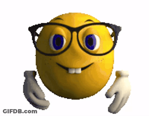 A Yellow Smiley Face Wearing Glasses And A Pair Of White Gloves GIF