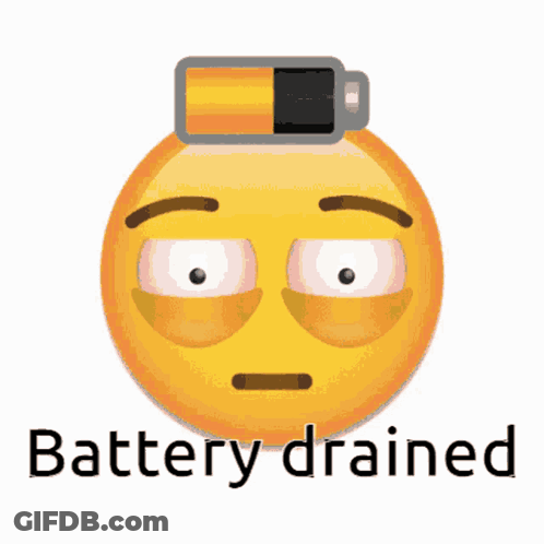 A Yellow Smiley Face With A Battery On Top Of It And The Words Battery Drained Below It GIF