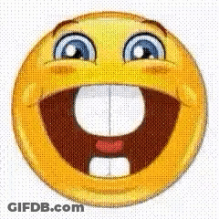 A Yellow Smiley Face With A Big Smile On It 'S Face And Big Teeth . GIF