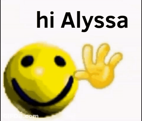 A Yellow Smiley Face With A Hand Behind It That Says Hi Alyssa . GIF