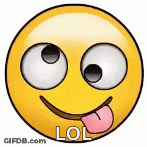 A Yellow Smiley Face With A Pink Tongue Sticking Out And The Word Lol Written On It . GIF