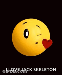 A Yellow Smiley Face With A Red Heart In Its Mouth And The Words `` I Love Jack Skeleton '' Below It . GIF