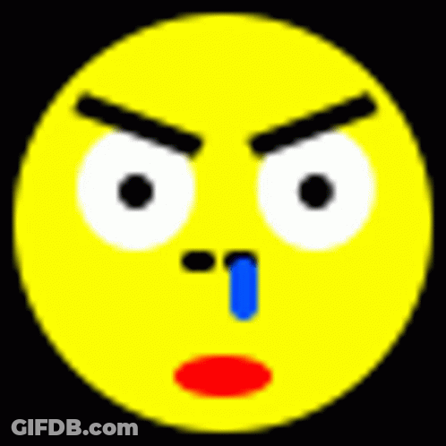 A Yellow Smiley Face With An Angry Expression And A Blue Tear Coming Out Of Its Nose . GIF