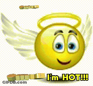 A Yellow Smiley Face With Angel Wings And The Words Omfg I 'M Hot GIF