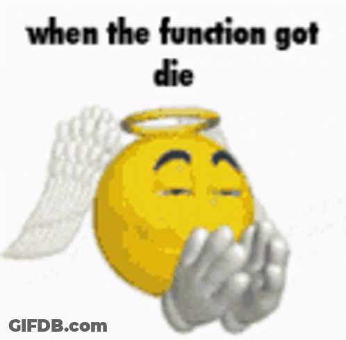 A Yellow Smiley Face With Angel Wings And The Words When The Function Got Die GIF