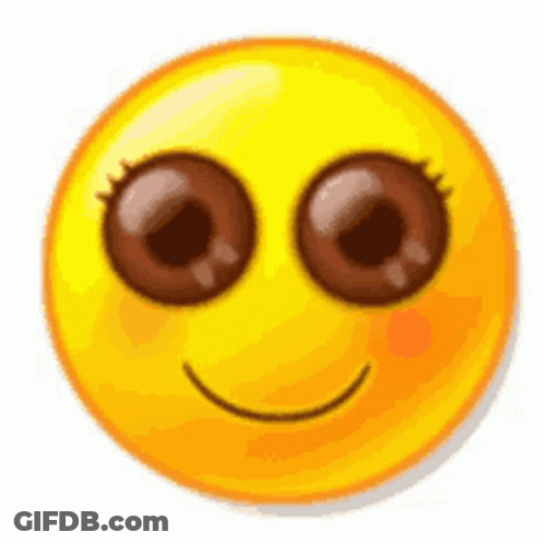 A Yellow Smiley Face With Big Brown Eyes And A Smile On It . GIF