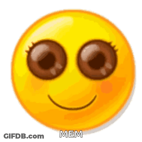 A Yellow Smiley Face With Big Brown Eyes And The Words Mem Written Below It . GIF