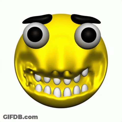 A Yellow Smiley Face With Big Eyes And White Teeth On A White Background GIF