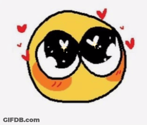 A Yellow Smiley Face With Black Eyes And Hearts Around It . GIF