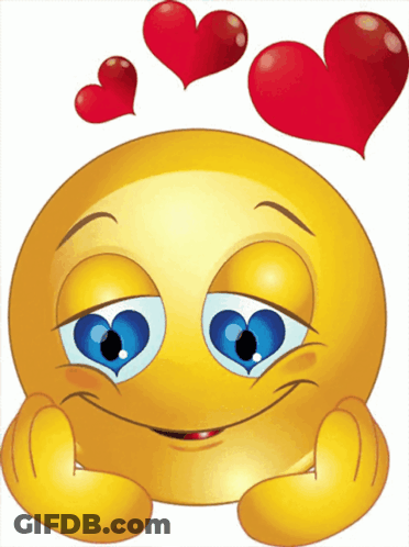 Yellow Smiley With Blue Eyes And Hearts GIF
