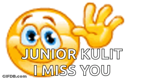 A Yellow Smiley Face With Blue Eyes And The Words Junior Kulit I Miss You On It GIF