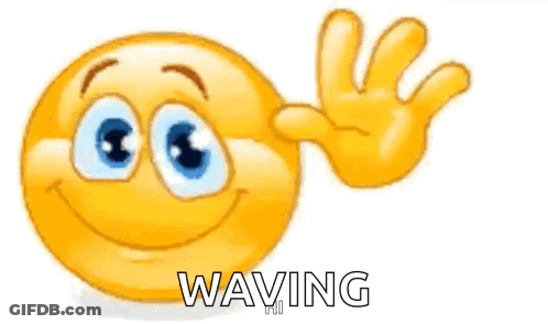A Yellow Smiley Face With Blue Eyes Is Waving With Its Hand . GIF