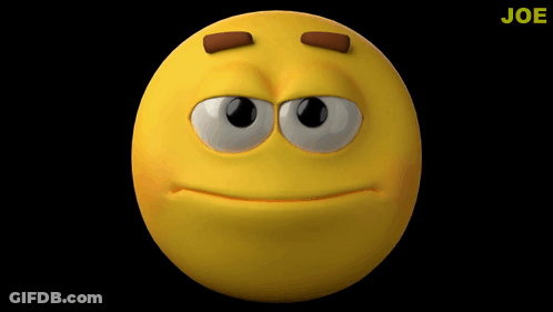 A Yellow Smiley Face With Brown Eyebrows And The Word Joe On The Bottom Right GIF