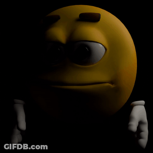 A Yellow Smiley Face With Brown Eyebrows And White Hands GIF