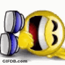 A Yellow Smiley Face With Its Mouth Open And A Blue And White Sunglasses . GIF