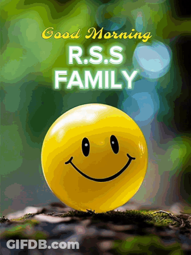 A Yellow Smiley Face With The Words Good Morning R.s.s Family GIF