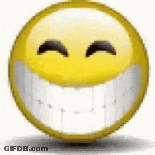 A Yellow Smiley Face With White Teeth Is Smiling With Its Eyes Closed On A White Background . GIF