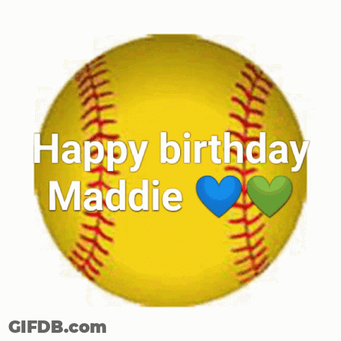 A Yellow Softball With The Words Happy Birthday Maddie Written On It GIF