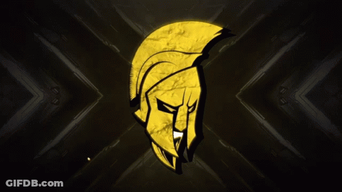 A Yellow Spartan Helmet Is On A Black And Yellow Background GIF