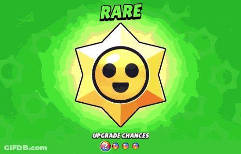 A Yellow Star With A Face And The Words Rare Upgrade Chances On The Bottom GIF