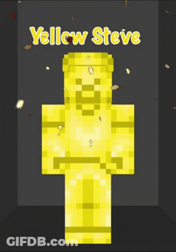 A Yellow Steve Statue In A Dark Room With The Words Yellow Steve Above It GIF