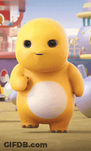 A Yellow Stuffed Animal With A White Belly Is Standing In Front Of A Building That Says ' A ' On It GIF