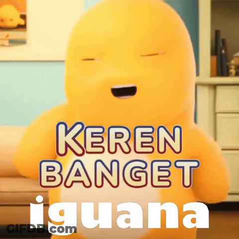 A Yellow Stuffed Animal With The Words Keren Banget Iguana Written On It GIF