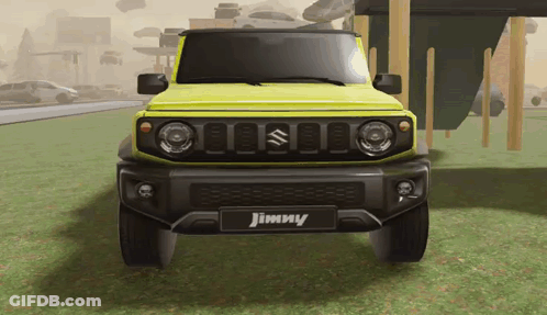 A Yellow Suzuki Jimny Is Parked In A Field GIF
