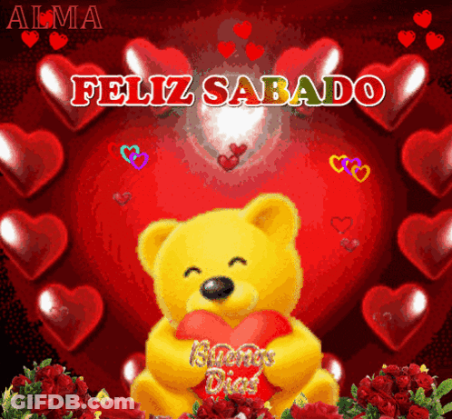 A Yellow Teddy Bear Holding A Red Heart With The Words Feliz Sabado Written Above It GIF