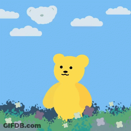 A Yellow Teddy Bear Is Holding A Purple Teddy Bear With Hearts Above Them GIF