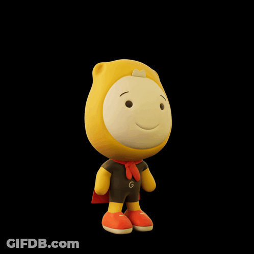 A Yellow Teddy Bear With A Red Cape And The Word Wassup Behind Him GIF