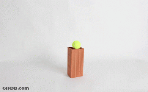 A Yellow Tennis Ball Is Sitting On Top Of A Wooden Block GIF