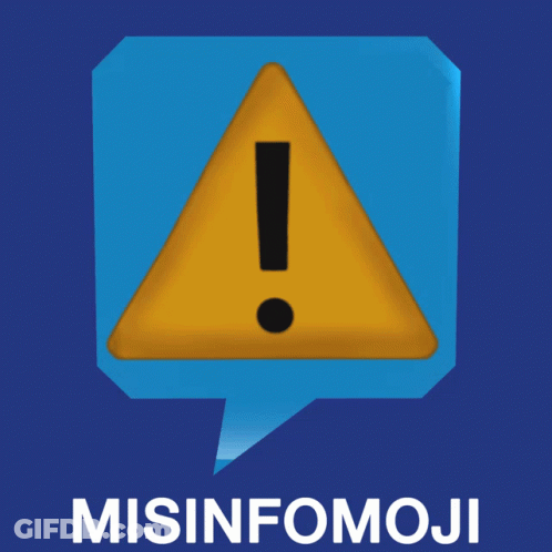 A Yellow Triangle With An Exclamation Point Inside Of A Speech Bubble With Misinfomoji Written Underneath It GIF