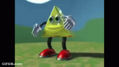 A Yellow Triangle With Arms And Legs Is Standing On A Grassy Field . GIF
