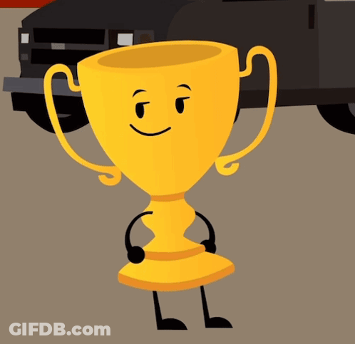 A Yellow Trophy With A Sad Face Is Standing Next To A Brown Box GIF
