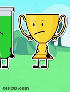 A Yellow Trophy With A Sad Face Is Standing Next To A Green Object With A Sad Face . GIF