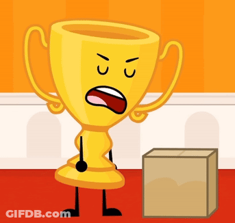 A Yellow Trophy With An Angry Face Is Standing Next To A Brown Box GIF