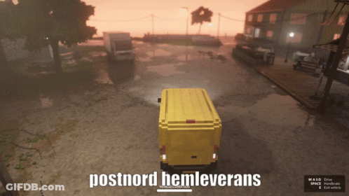 A Yellow Van Is Driving Down A Flooded Street With Postnord Hemleverans Written On The Bottom GIF