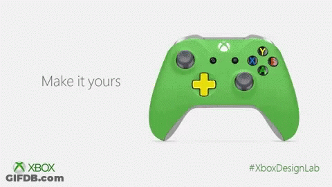 A Yellow Xbox Controller With Blue Buttons And The Words Make It Yours On The Bottom GIF