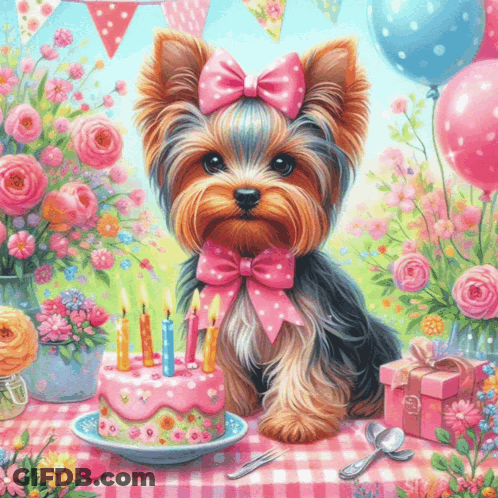 A Yorkshire Terrier With A Pink Bow Is Sitting Next To A Birthday Cake GIF